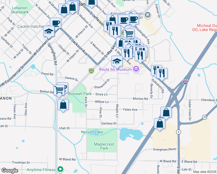 map of restaurants, bars, coffee shops, grocery stores, and more near 18 Belwood in Lebanon