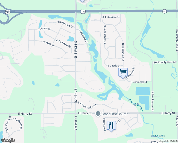 map of restaurants, bars, coffee shops, grocery stores, and more near 14511 E Spring Valley Cir in Wichita