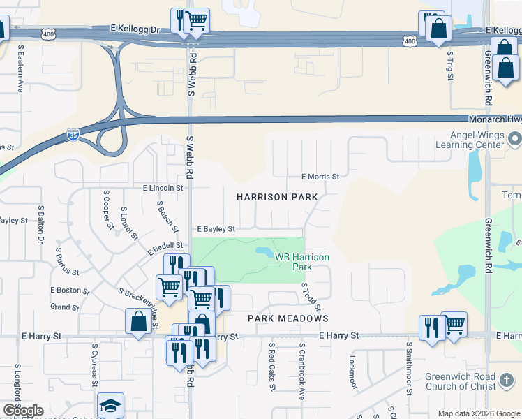 map of restaurants, bars, coffee shops, grocery stores, and more near 1217 South Goebel Street in Wichita