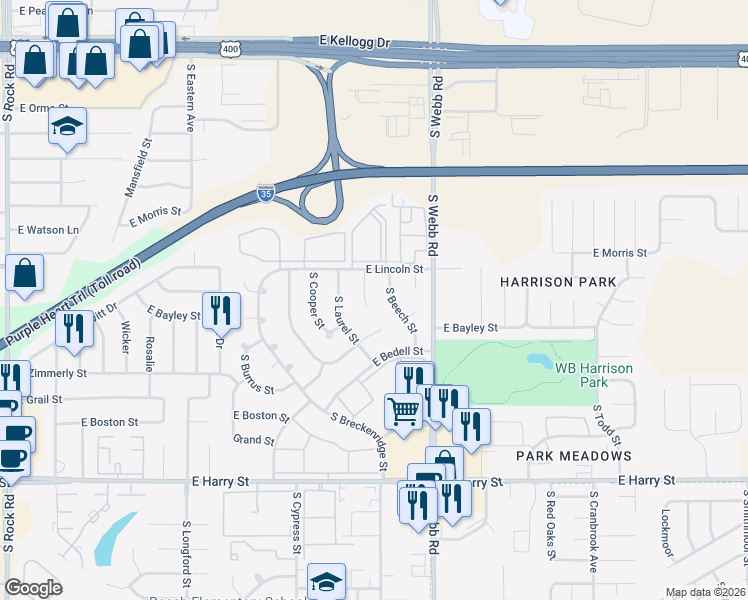 map of restaurants, bars, coffee shops, grocery stores, and more near 931 S Beech St in Wichita