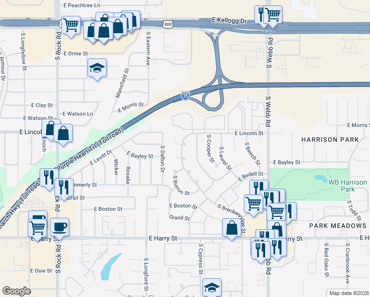 map of restaurants, bars, coffee shops, grocery stores, and more near 914 S Breckenridge Ct in Wichita