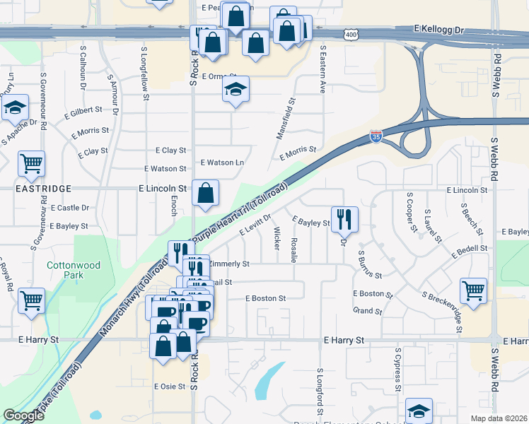 map of restaurants, bars, coffee shops, grocery stores, and more near Kansas Turnpike in Wichita