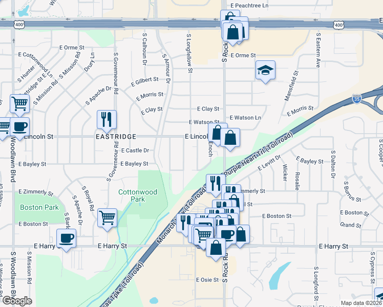 map of restaurants, bars, coffee shops, grocery stores, and more near 934 South Longfellow Lane in Wichita