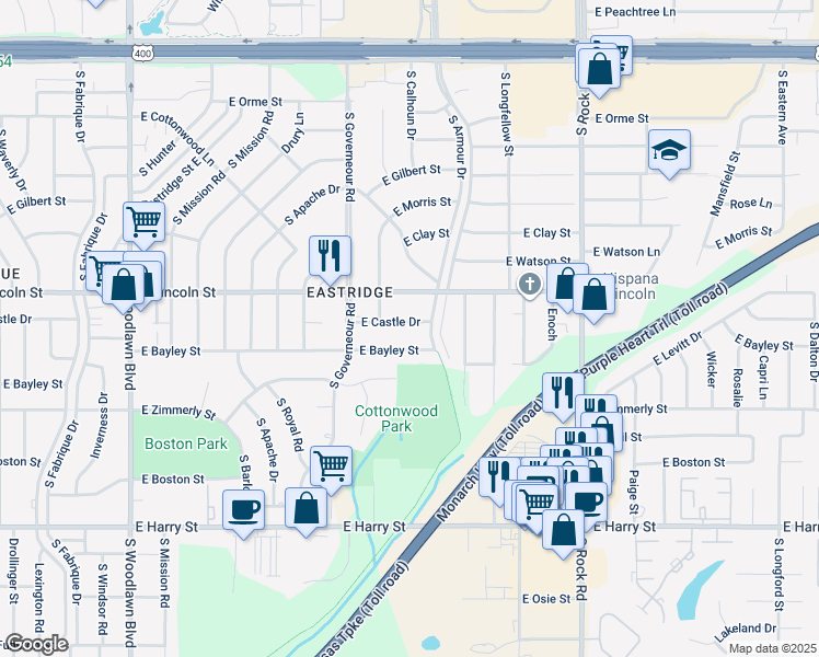 map of restaurants, bars, coffee shops, grocery stores, and more near 7229 East Castle Drive in Wichita