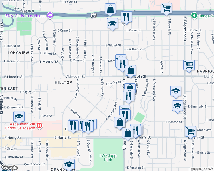 map of restaurants, bars, coffee shops, grocery stores, and more near 4629 East Bayley Street in Wichita