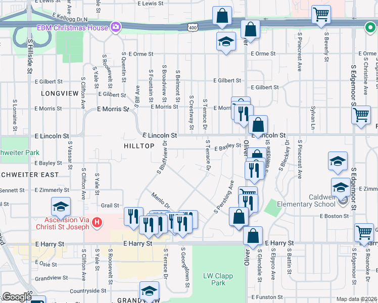 map of restaurants, bars, coffee shops, grocery stores, and more near 4331 East Bayley Street in Wichita