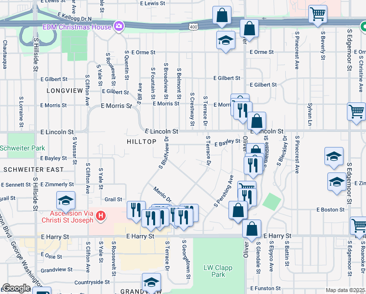 map of restaurants, bars, coffee shops, grocery stores, and more near 4331 East Bayley Street in Wichita