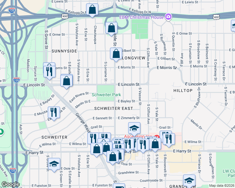 map of restaurants, bars, coffee shops, grocery stores, and more near 939-979 South Hillside Street in Wichita