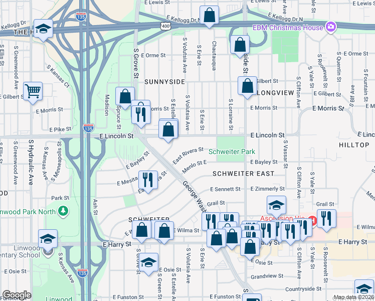 map of restaurants, bars, coffee shops, grocery stores, and more near 2804 East Rivera Street in Wichita