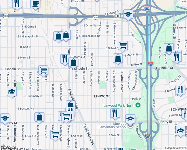 map of restaurants, bars, coffee shops, grocery stores, and more near 1221 South Lulu Street in Wichita