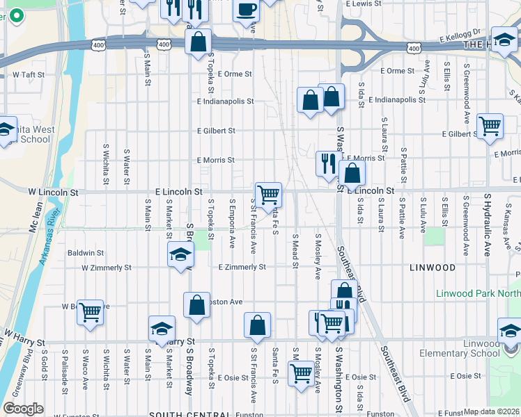 map of restaurants, bars, coffee shops, grocery stores, and more near 1223 South Santa Fe in Wichita