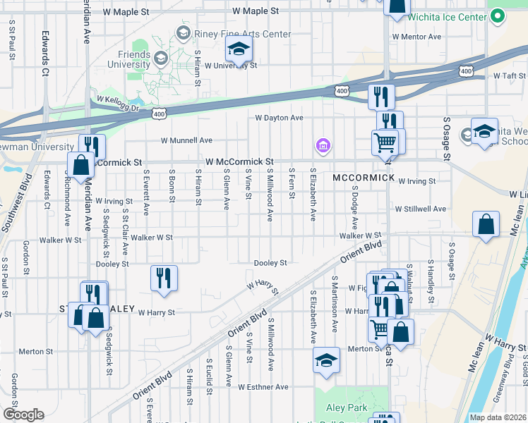 map of restaurants, bars, coffee shops, grocery stores, and more near 1121 South Millwood Avenue in Wichita