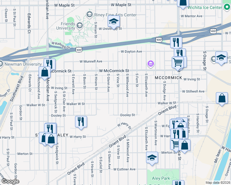 map of restaurants, bars, coffee shops, grocery stores, and more near 1817 West Irving Street in Wichita