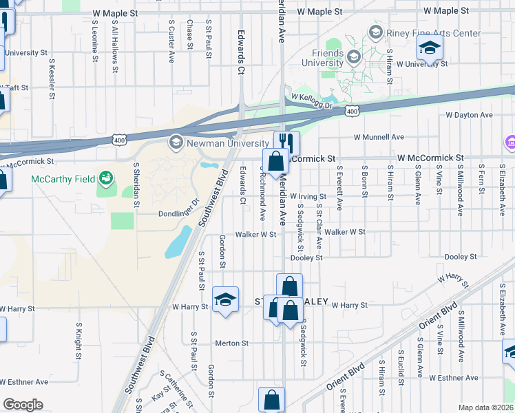 map of restaurants, bars, coffee shops, grocery stores, and more near 1111 Richmond South in Wichita