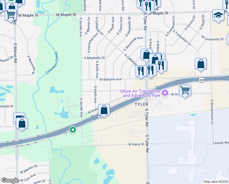 map of restaurants, bars, coffee shops, grocery stores, and more near 9000-9198 West Beaumont Street in Wichita