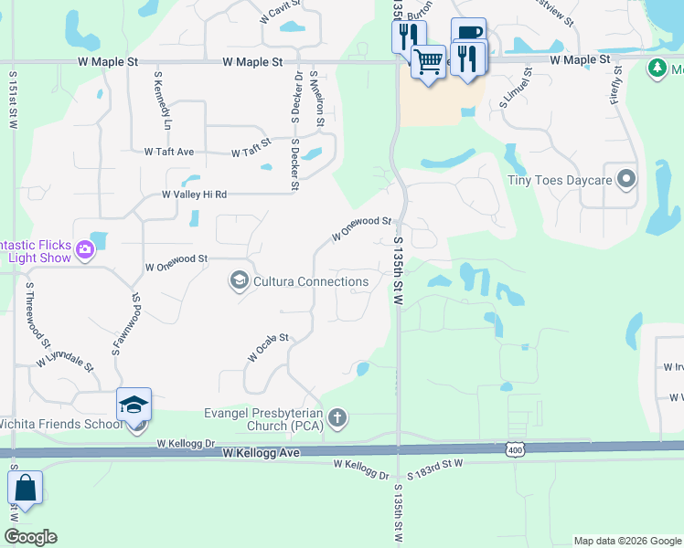 map of restaurants, bars, coffee shops, grocery stores, and more near 13909 West Onewood Street in Wichita