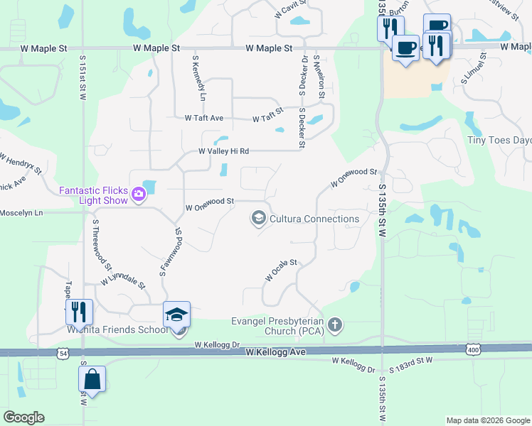 map of restaurants, bars, coffee shops, grocery stores, and more near 14211 W Onewood St in Wichita