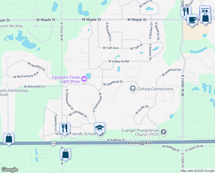 map of restaurants, bars, coffee shops, grocery stores, and more near West Onewood Street in Wichita
