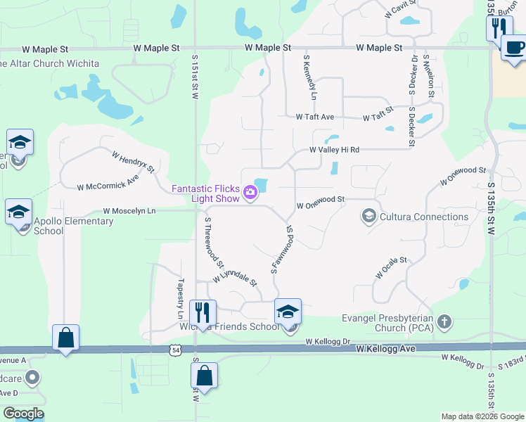 map of restaurants, bars, coffee shops, grocery stores, and more near 14901 West Moscelyn Street in Wichita