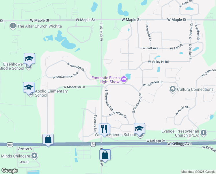 map of restaurants, bars, coffee shops, grocery stores, and more near 15009 Moscelyn in Wichita