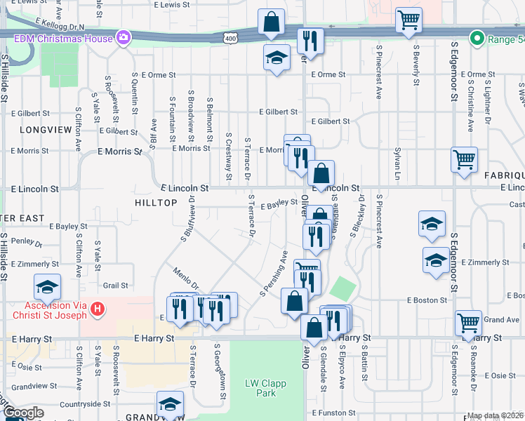 map of restaurants, bars, coffee shops, grocery stores, and more near 4629 East Bayley Street in Wichita