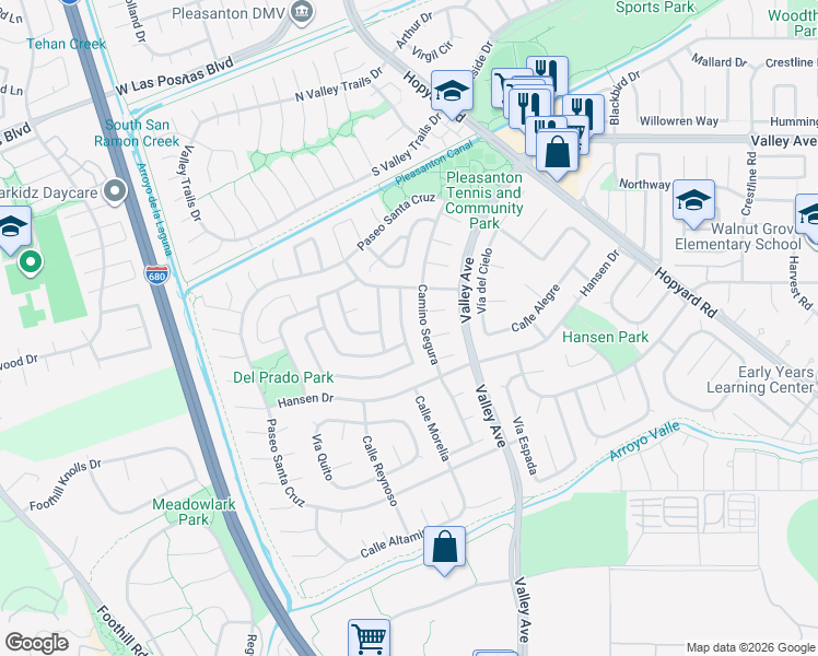 map of restaurants, bars, coffee shops, grocery stores, and more near 2745 Calle de la Loma in Pleasanton