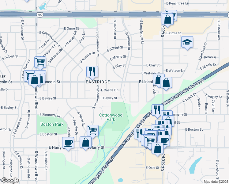 map of restaurants, bars, coffee shops, grocery stores, and more near 7229 East Castle Drive in Wichita