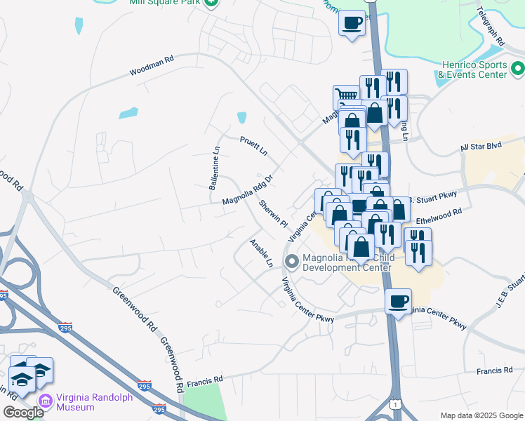 map of restaurants, bars, coffee shops, grocery stores, and more near 10709 Correnty Drive in Glen Allen