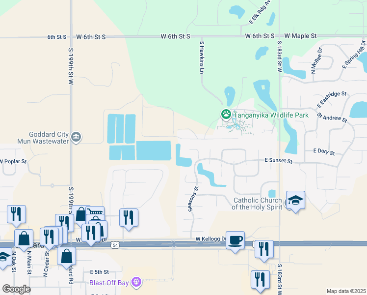 map of restaurants, bars, coffee shops, grocery stores, and more near 1428 East Sunset Court in Goddard