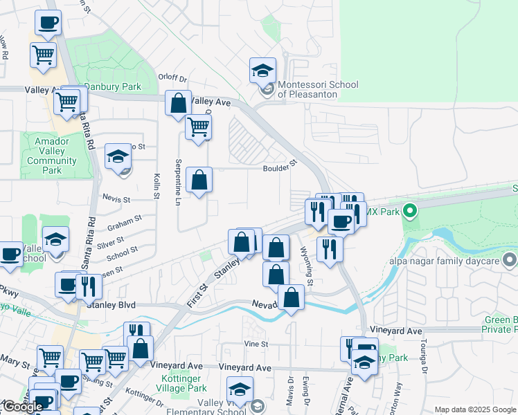 map of restaurants, bars, coffee shops, grocery stores, and more near 530 Boulder Court in Pleasanton
