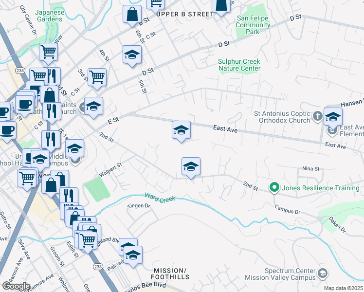 map of restaurants, bars, coffee shops, grocery stores, and more near 1633 East Avenue in Hayward