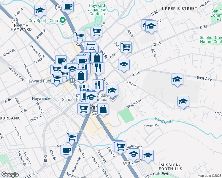 map of restaurants, bars, coffee shops, grocery stores, and more near 1st St & E St in Hayward