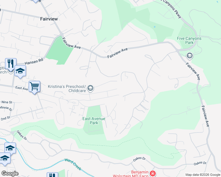 map of restaurants, bars, coffee shops, grocery stores, and more near 3474 Bridle Drive in Hayward