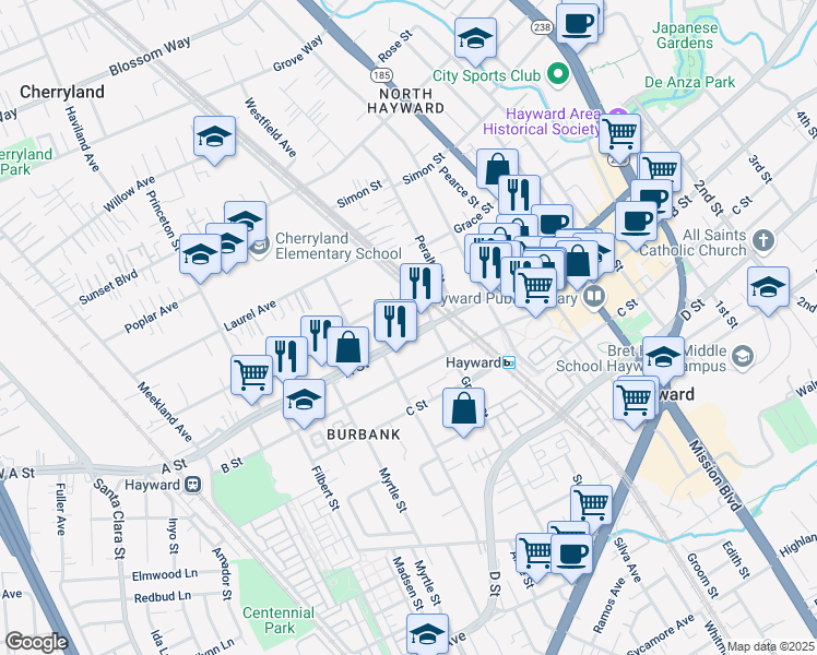 map of restaurants, bars, coffee shops, grocery stores, and more near 558 A Street in Hayward
