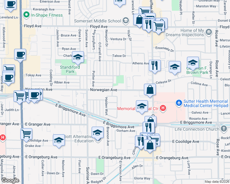 map of restaurants, bars, coffee shops, grocery stores, and more near 1004 Norwegian Avenue in Modesto