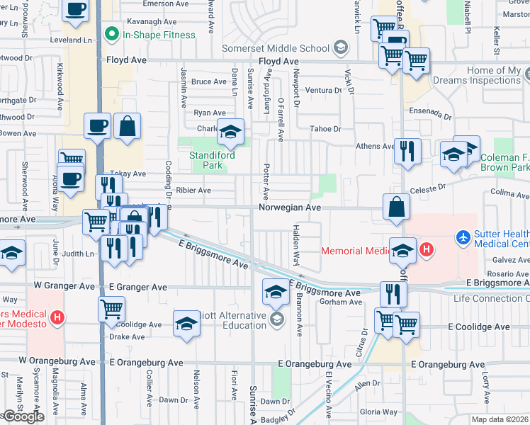 map of restaurants, bars, coffee shops, grocery stores, and more near 708 Norwegian Avenue in Modesto