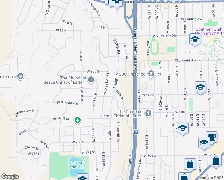 map of restaurants, bars, coffee shops, grocery stores, and more near 369 South Casa Loma Lane in Cedar City