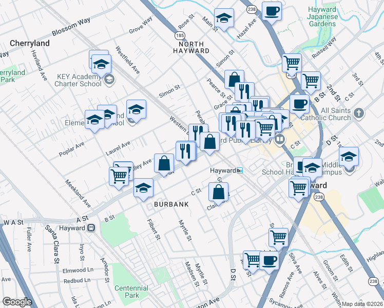 map of restaurants, bars, coffee shops, grocery stores, and more near 558 A Street in Hayward