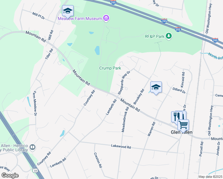 map of restaurants, bars, coffee shops, grocery stores, and more near 3312 Mountain Road in Glen Allen