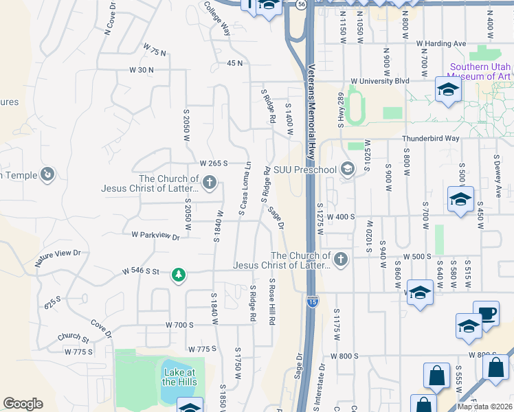 map of restaurants, bars, coffee shops, grocery stores, and more near 369 South Casa Loma Lane in Cedar City