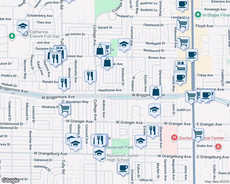 map of restaurants, bars, coffee shops, grocery stores, and more near 912 Hawthorne Avenue in Modesto
