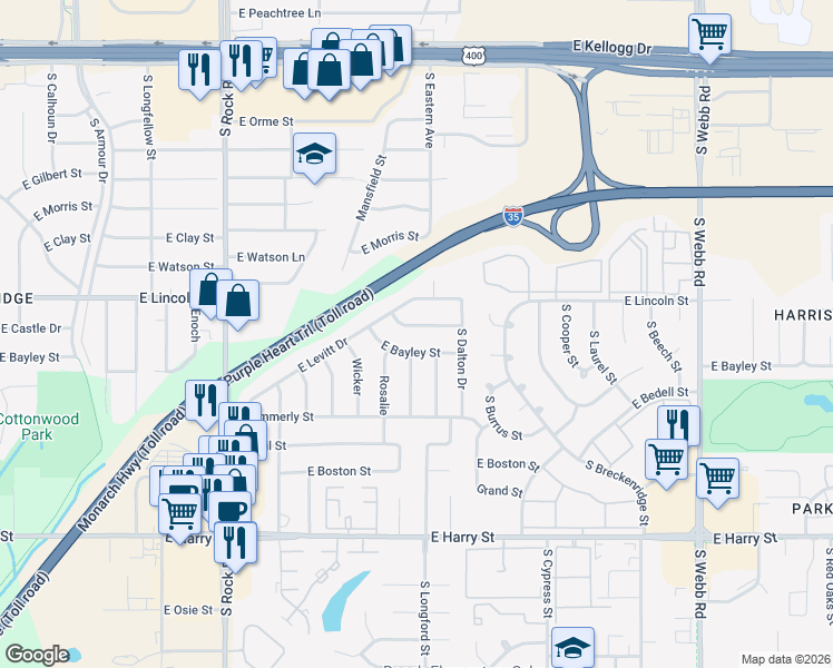 map of restaurants, bars, coffee shops, grocery stores, and more near 8217 East Castle Drive in Wichita