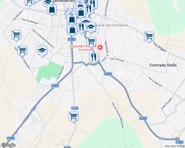 map of restaurants, bars, coffee shops, grocery stores, and more near 6 Via Errante Vecchia in Castelvetrano