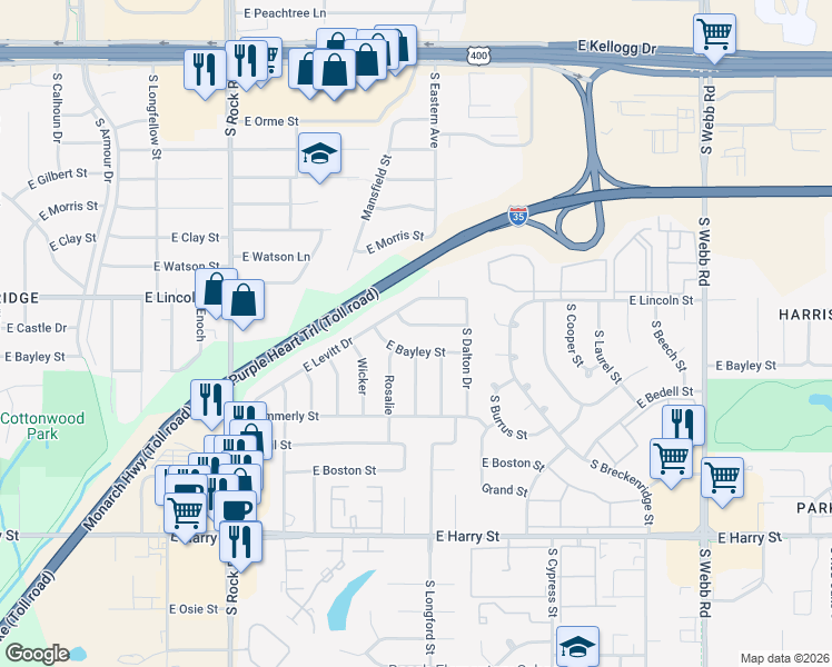 map of restaurants, bars, coffee shops, grocery stores, and more near 8217 East Castle Drive in Wichita