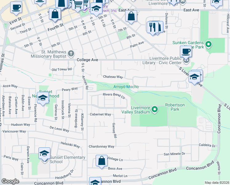 map of restaurants, bars, coffee shops, grocery stores, and more near 2681 Rivers Bend Circle in Livermore