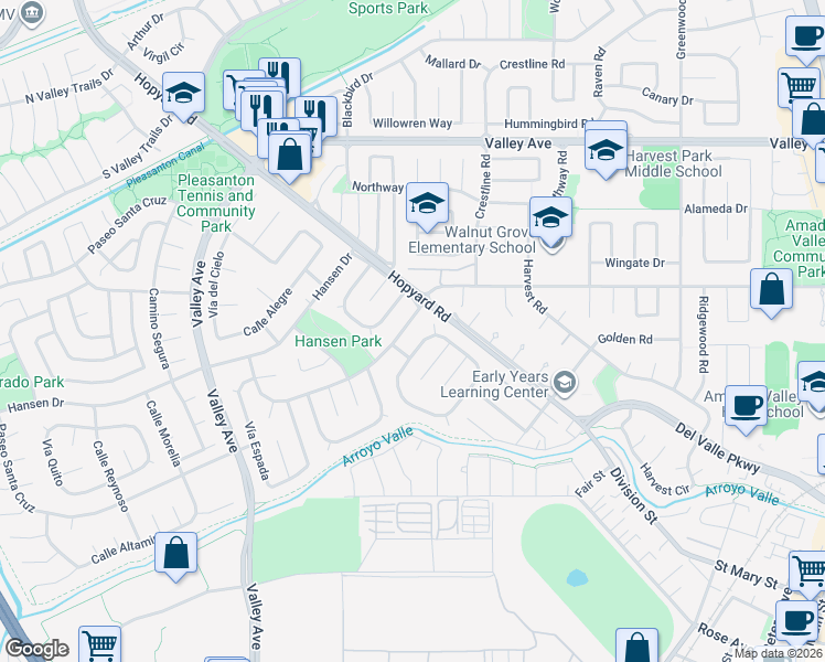 map of restaurants, bars, coffee shops, grocery stores, and more near 5550 Black Avenue in Pleasanton
