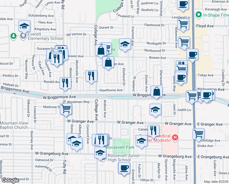 map of restaurants, bars, coffee shops, grocery stores, and more near 916 Hawthorne Avenue in Modesto