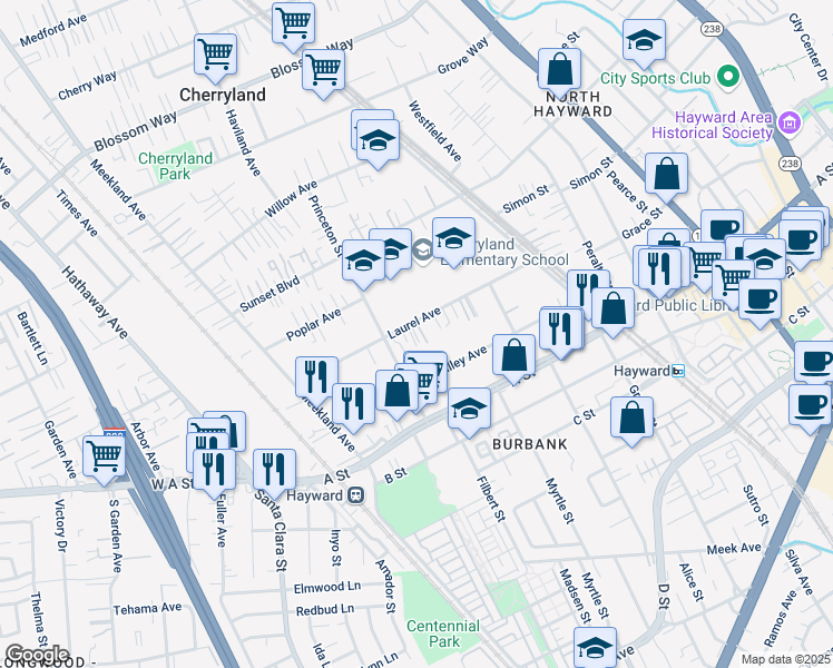 map of restaurants, bars, coffee shops, grocery stores, and more near 347 Laurel Avenue in Hayward