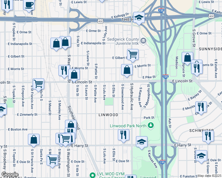 map of restaurants, bars, coffee shops, grocery stores, and more near 1215 Ellis South in Wichita