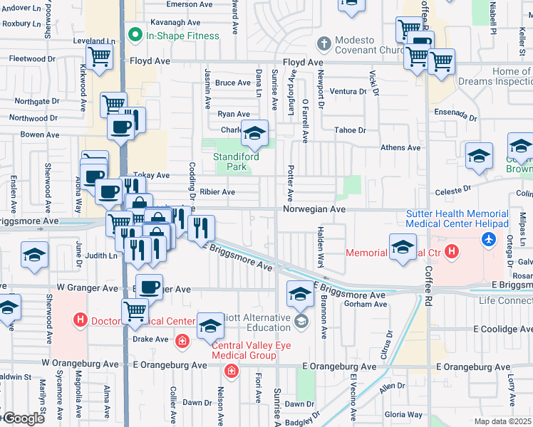 map of restaurants, bars, coffee shops, grocery stores, and more near 609 Plaza De Las Sierras in Modesto